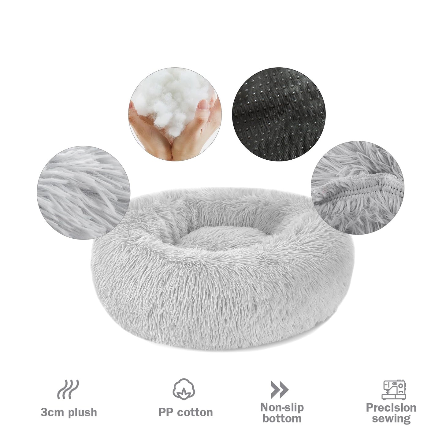 Calming Dog Cat Donut Bed - 19.7in Fluffy Plush Puppy Kitten Cuddler Round Bed, Warm and Soft Pet Cosy Anti Anxiety Beds with Non-Slip Bottom and Washable (M-50CM, Grey)