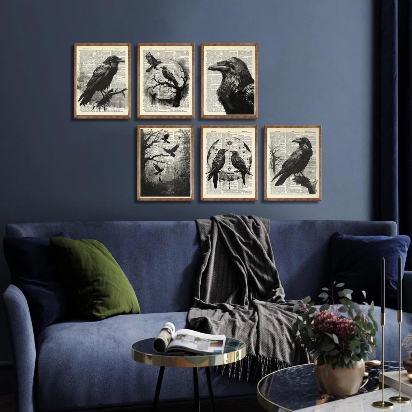 6Pcs Black Raven Wall Art Dark Academia Wall Decor Pictures Victorian Gothic Crow Canvas Posters Prints for Living Room Bedroom Decoration Unframed (8x10in)