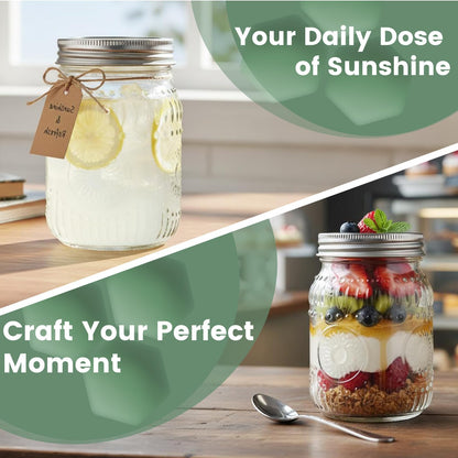 16oz Mason Jars with Airtight Rust-Proof 304 Stainless Steel Lids and Bands, 4 Pack with Elegant Sunflower Embossing, Pint Glass Jars for Meal Prep, Pickling, Overnight Oats, Dry Food & DIY Crafts