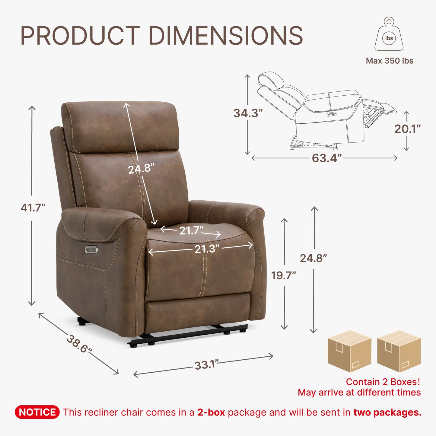 KISLOT Leather Recliner Chair Set of 2, Wall Hugger RV Recliners with USB Charging Ports Electric Power Reclining Sofa for Living Room Home Theater Seating Bedroom
