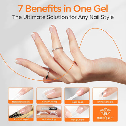 modelones Builder Nail Gel with Gel Top Coat, 3Pcs Clear Builder Nail Kit for Thickening Apex Building Extension Rhinestone Gel Tips Glue, U/V LED Lamp Cured for Home DIY Salon Girls