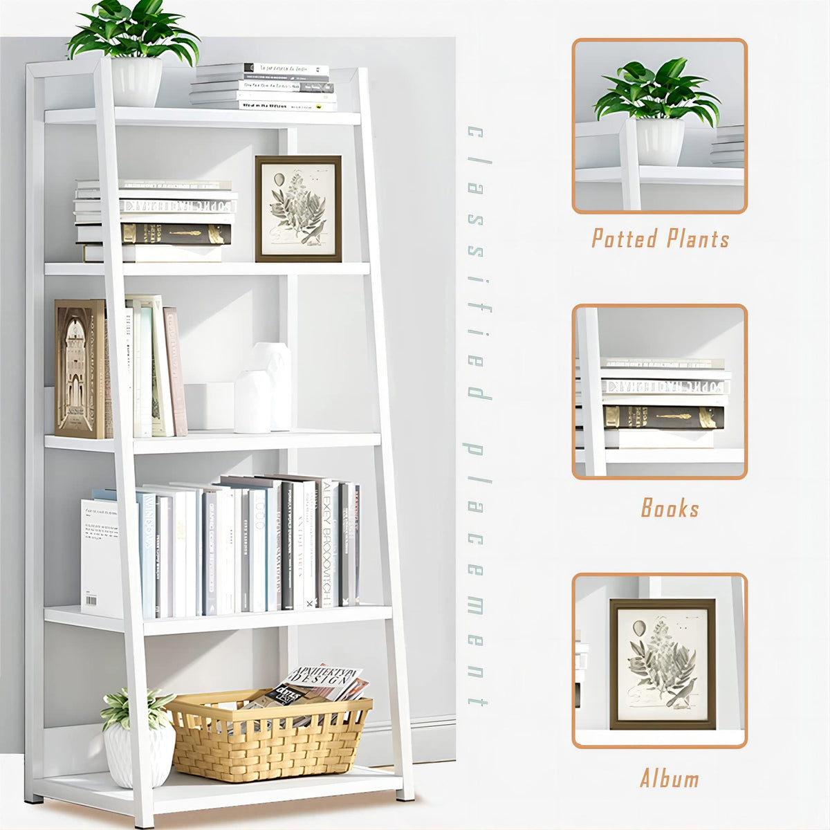 IOTXY 5 Tier Open Bookshelf - Steel and Wood Display Stand, 19.7" Width Floor-Standing Bookcase, White