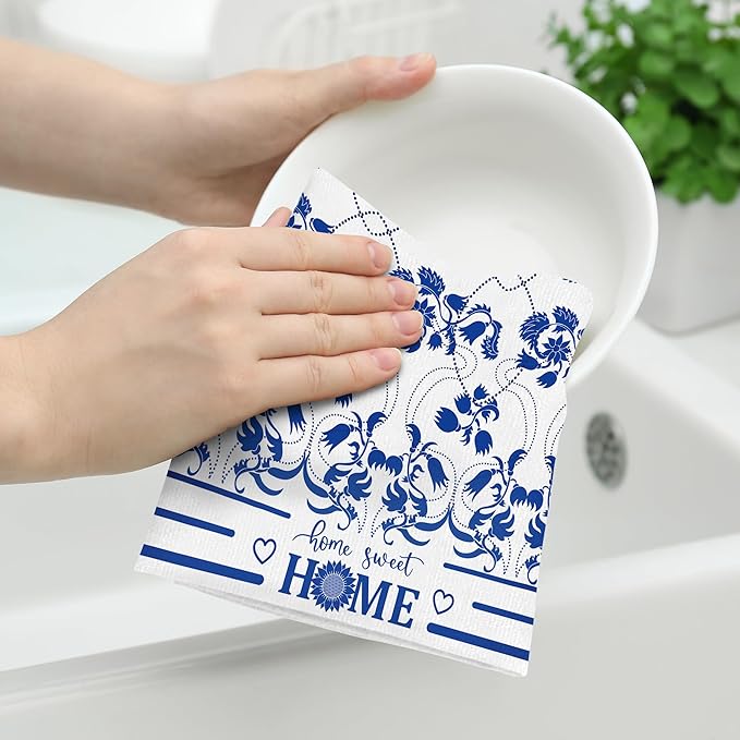 Blue Kitchen Towels Decorative Set of 2, Absorbent Boho Floral Dish Towels