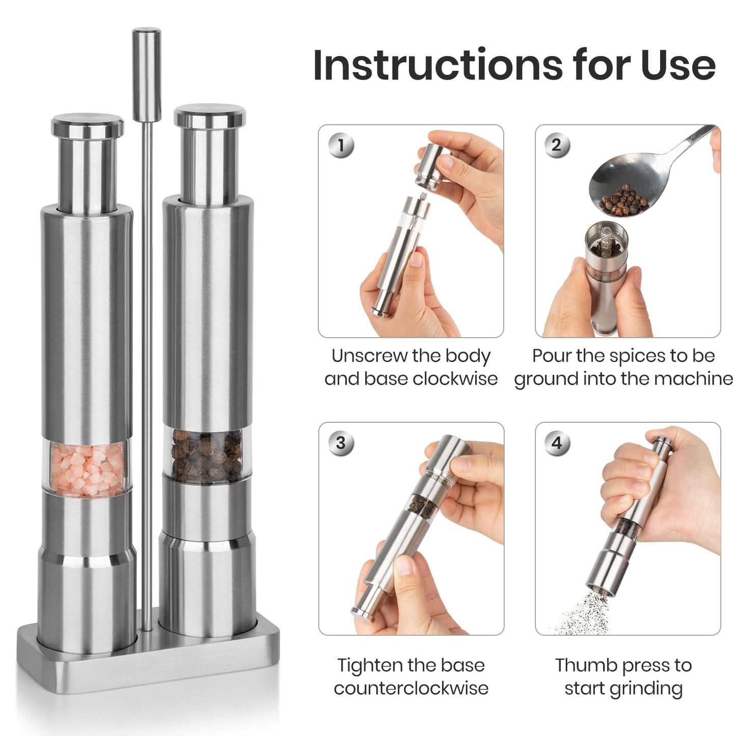 Salt and Pepper Grinder Set,Small Stainless Steel Manual Salt Grinder,Thumb Refillable Mini Salt Grinders Shakers With Base For Kitchen, Home, Travel, Camping, Cooking(Silvery)