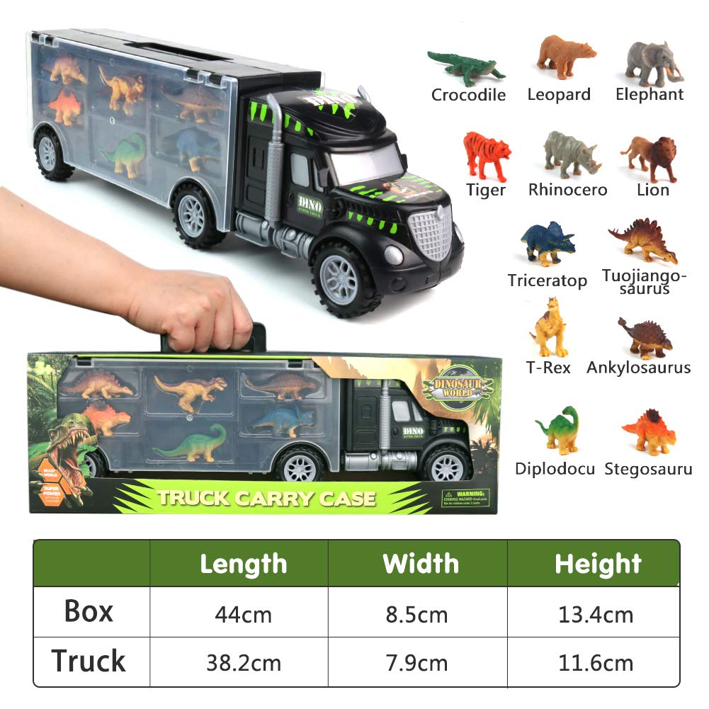 Akokie Dinosaur Toys for Boys Girls - Kids Toys Transport Carrier Truck with Dinosaur Animals Toy 12 Pcs Double Side Storage Set Birthday for Kids Boys Girls 3 4 5 6 Years Old