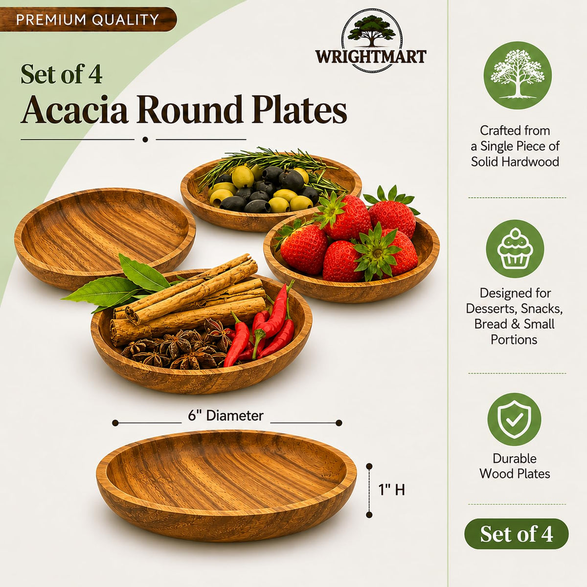 WRIGHTMART Acacia Wooden Plates Set of 4 – 6” Round, 1 Inch Thick Solid Wood Dessert, Snack & Side Plates, Handcrafted Natural Tableware for Appetizers, Bread, Small Portions