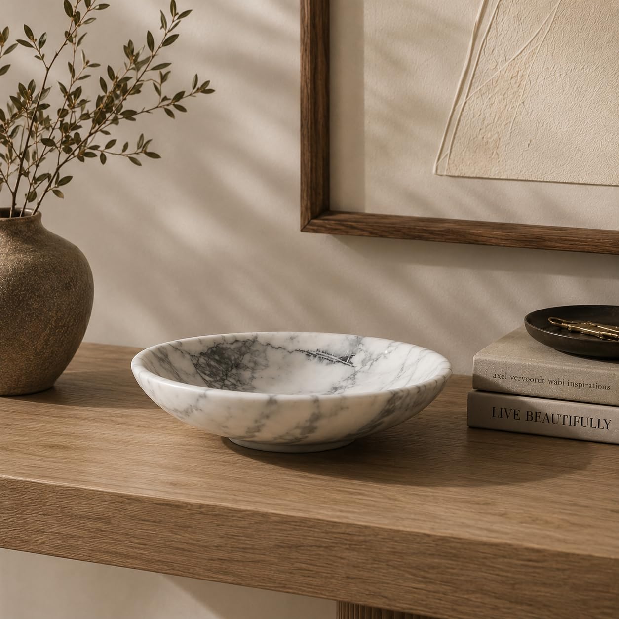 KROUJITY Marble Decorative Bowl Large White, Handcrafted Natural White-Grey Stone Bowl for Home Decor, 11" Large Entryway Bowl for Key, Coffee Table Bowl, Marble Fruit Bowl for Centerpiece
