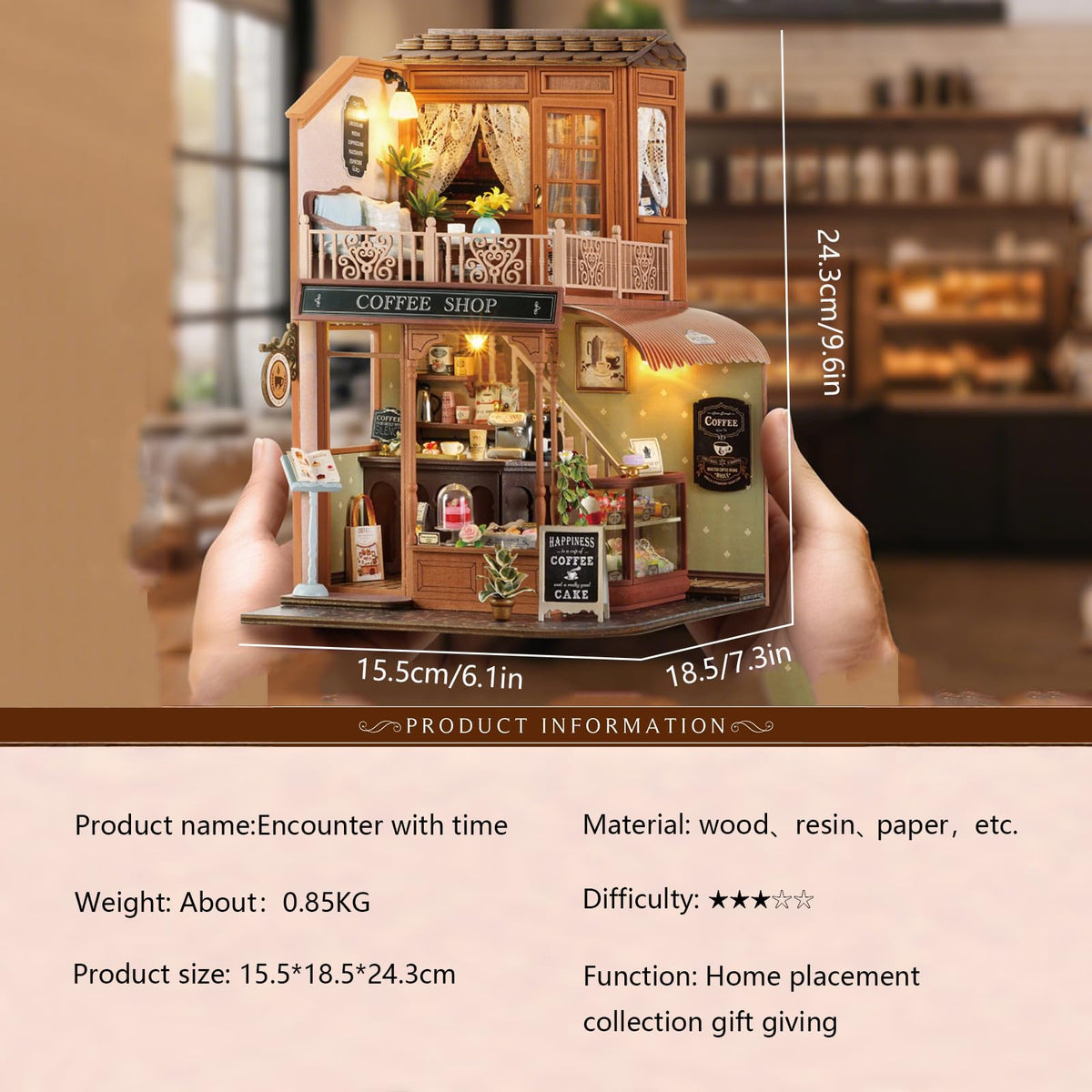 CUTEROOM Miniature House Kits for Adults,Mini Dollhouse Wooden Furniture Kit, DIY Craft Kits Creative Room Tiny House for Decoration- Coffee Shop