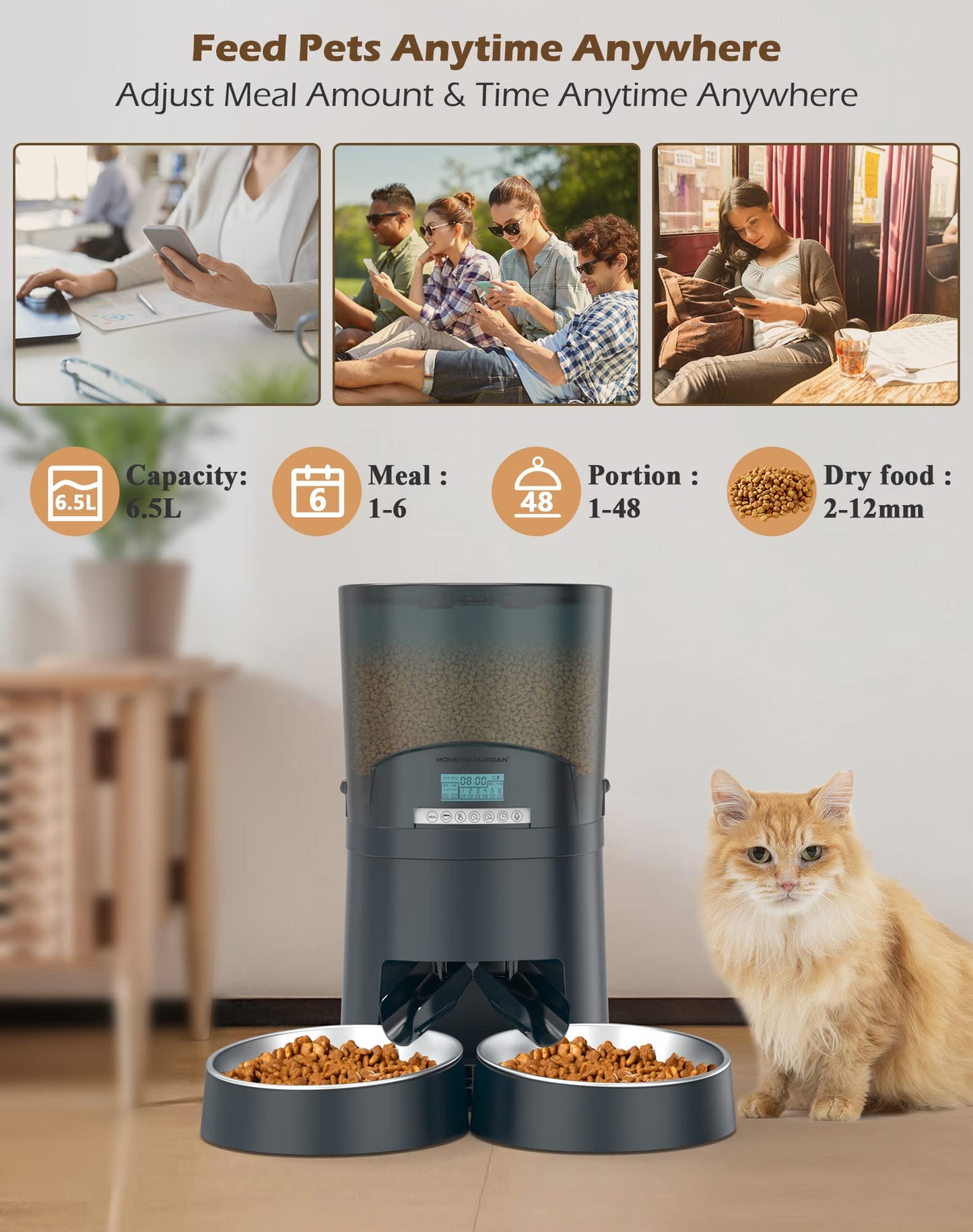HoneyGuaridan 6.5L Automatic Cat Feeder, 2.4G Wi-Fi Smart Pet Feeder with APP Control, Desiccant Bag, Voice Recorder and Dual Power Supply, Up to 6 Meals Per Day for Cats & Small/Medium Dogs (Blue)