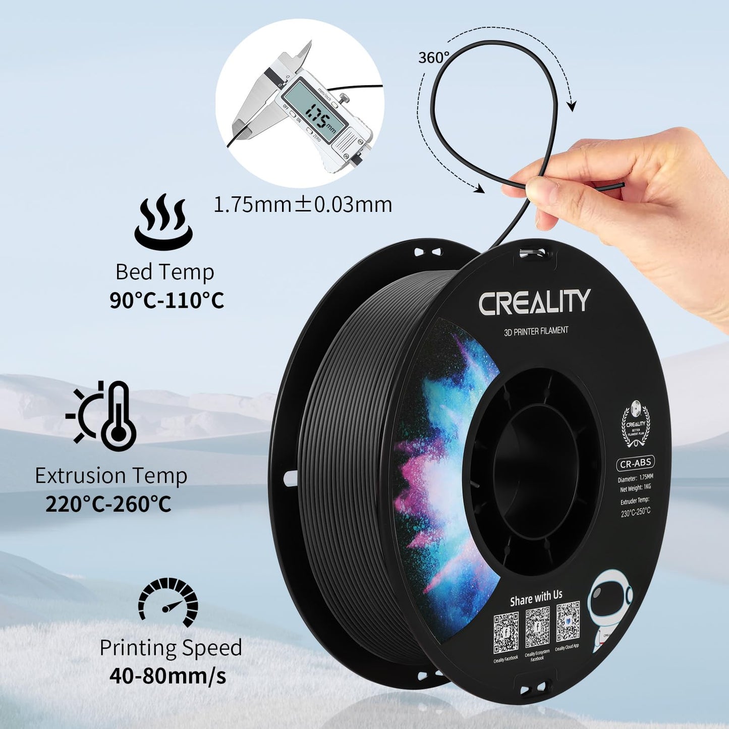 Creality ABS Filament 1.75 mm, Official 3D Printer Filament ABS No-Tangling, Strong Bonding and Overhang Performance Dimensional Accuracy +/-0.03mm, 1kg(2.2lbs)/Spool (Black)