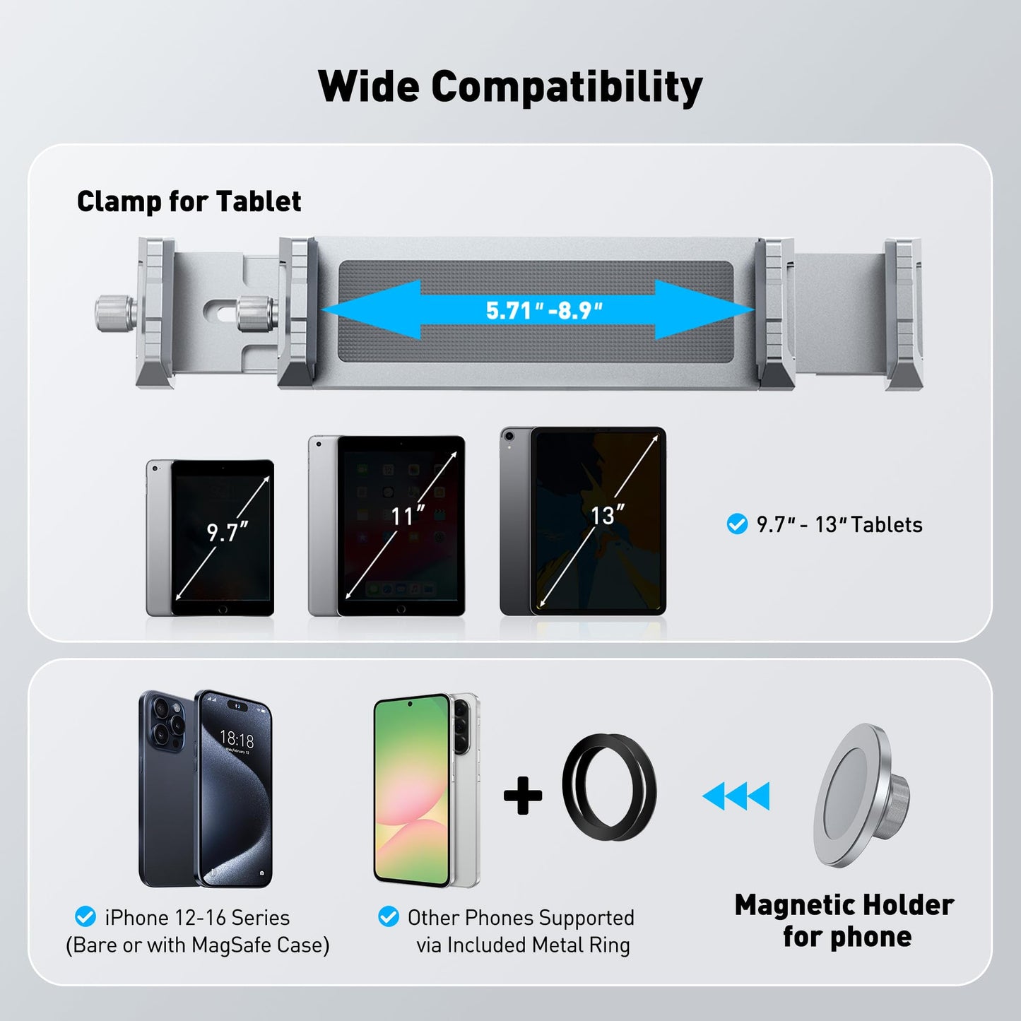 AboveTEK 2-in-1 Phone & iPad Stand, Magnetic iPad Stand with Clamp, Aluminum Tablet Holder for Desk, 360 Rotation, Suction Base, Professional for Office, Fit for Phones & 9.7–13" Tablets, Gift for Him