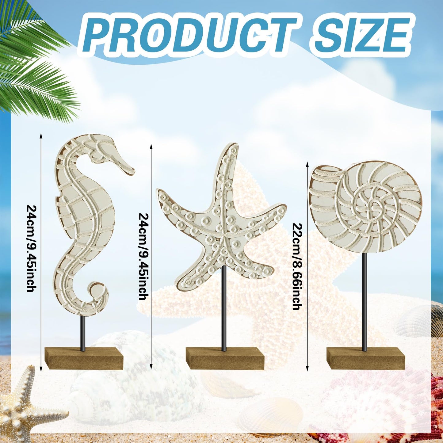 Leinuosen 3 Pcs Wooden Beach Ocean Table Decor White Neutral Coastal Table Centerpiece Rustic Decorative Wood Nautical Figurines Sea Life Starfish Conch Seahorse Statue for Ocean Beach Home Decor