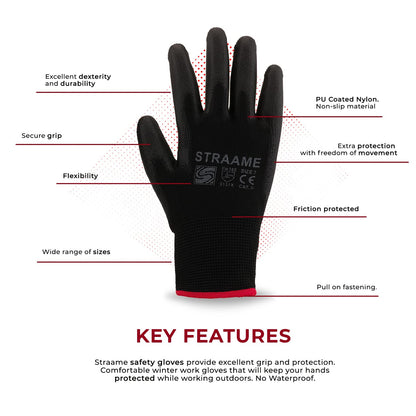 Straame Pack of 12 or 24 Black Safety Work Gloves, Outdoors PU and Nylon Non-Slip Work Handling Gloves, Good Dexterity Firm Grip Protective Working Gloves Size (Pack of 12 Pair's, L)