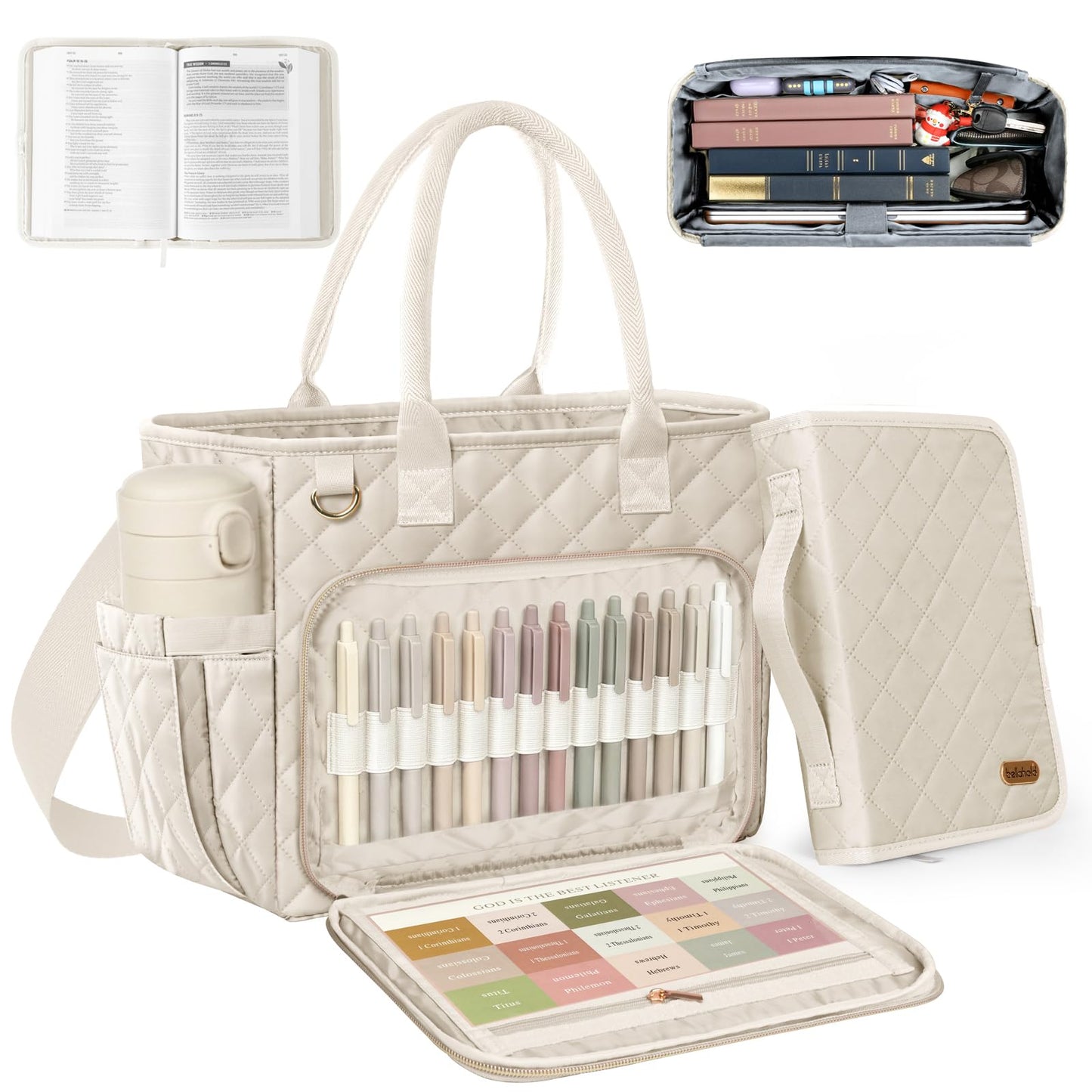 BellaHold Large Bible Bag with Bible Cover Case for Women, Church Bag with shoulder strap, Quilted Bible Cover for Bible Study Supplies, a Christian Gift for Women, Beige
