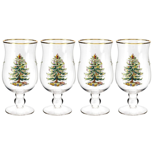 Spode Christmas Tree 17.5oz Tulip Glasses, Set of 4 - Gold-Rimmed Whimsical Holiday Glasses for Sparkling Wine & Champagne, Ideal for Holiday Brunches & New Year’s Celebrations