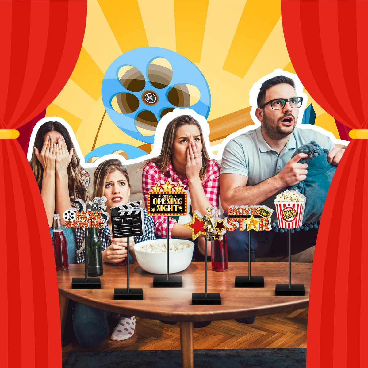 Briwooody 6 Pcs Movie Night Wooden Sign Set Movie Party Decorations Star Video Props Table Centerpiece Tall Standing Sign Popcorn Tabletop Decor for Birthday Night Party Supplies Home Decorations