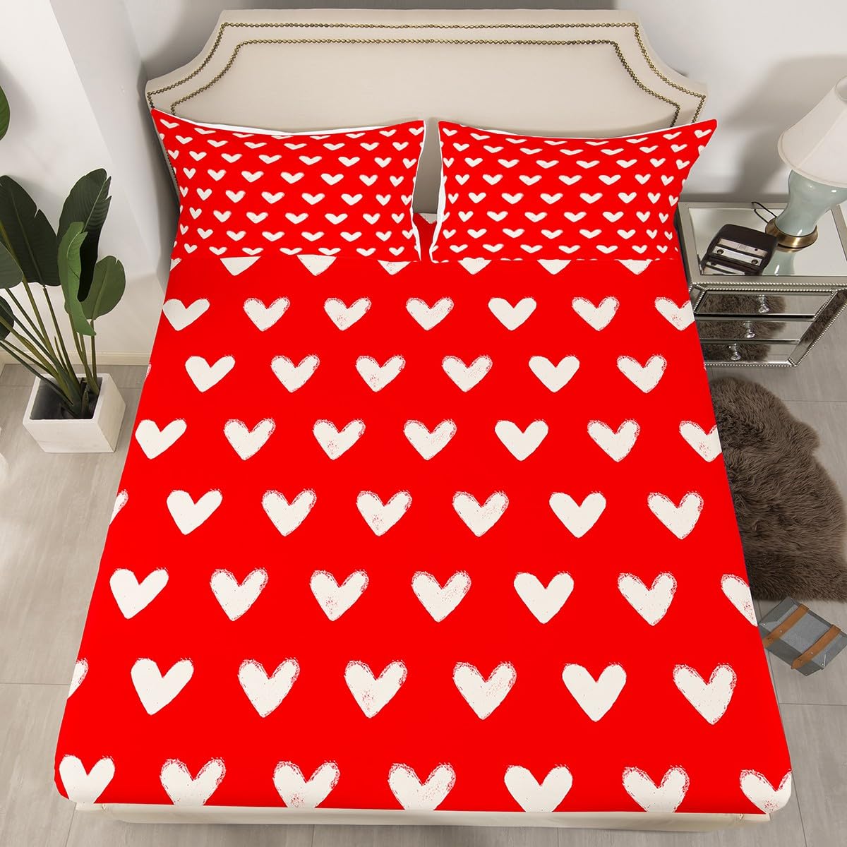 Red White Bed Sheets Full Size Cute Heart Pattern Bedding Set for Kids Boys Girls Valentine Day Gift Fitted Sheet Cartoon Love Geometric Flat Sheet Love Heart Soft Warm Sheet Sets Bedroom Decor 4Pcs