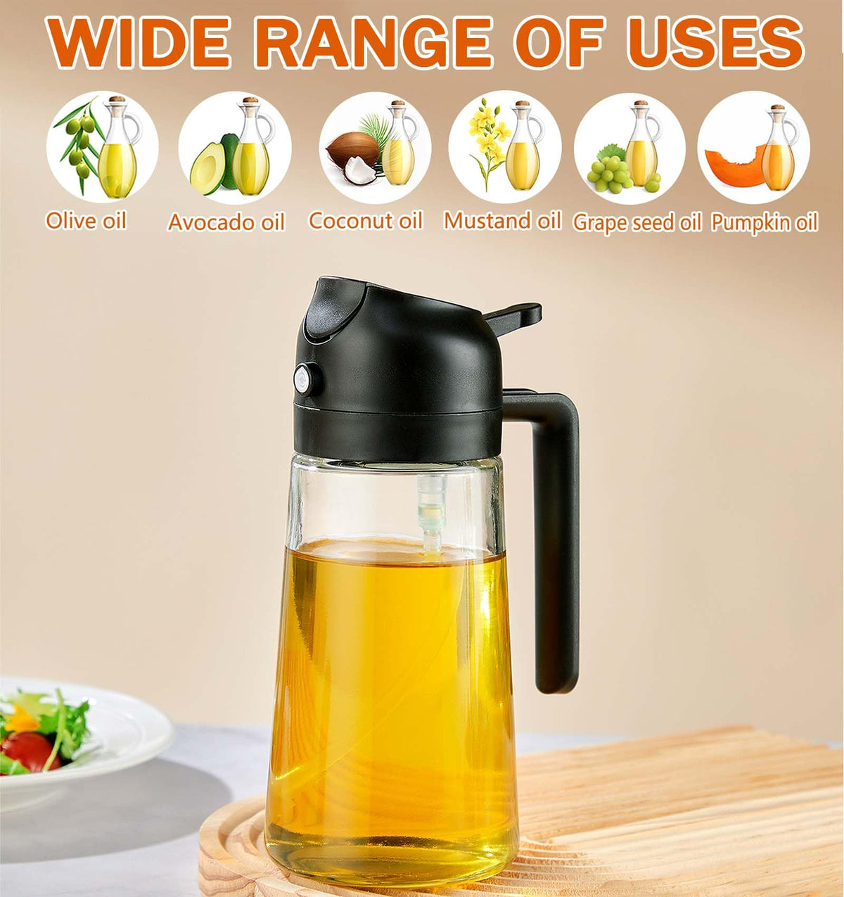 JULEHUI With Stickers 16oz Olive Oil Sprayer for Cooking - 2 in 1 Spray & Pour Olive Oil Dispenser - 470ml Glass Spray Oil Bottle - Kitchen Gadgets
