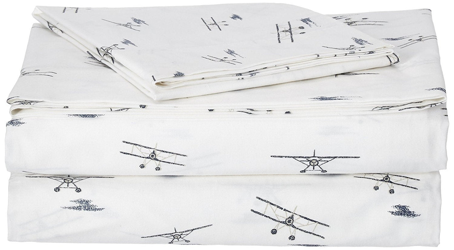 Eddie Bauer - Twin Size Sheet Set, 100% Cotton Percale Bedding, Crisp & Breathable Bed Sheets with Pillowcase, Fully Elastic Fitted Sheet, Deep Pocket Fit (Sea Planes)