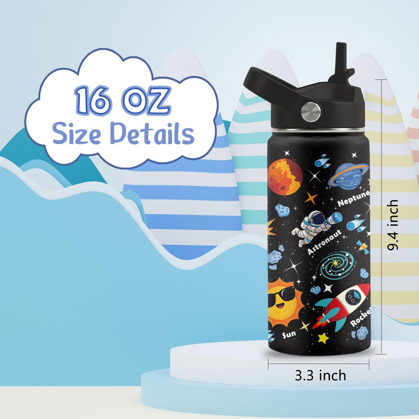 Space Astronomy Gifts, 16 oz Space Water Bottle with Straw Lid, Stainless Steel Insulated Tumbler, Astronaut Planet Birthday Gifts Cups