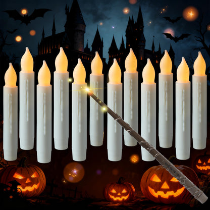 MUMCHASI 12 Packs Flameless Floating Candles with Wand, Flameless Taper Candles, Battery Operated Candles, Flickering LED Candlesticks with Remote for Fall Halloween Party Decor Birthday