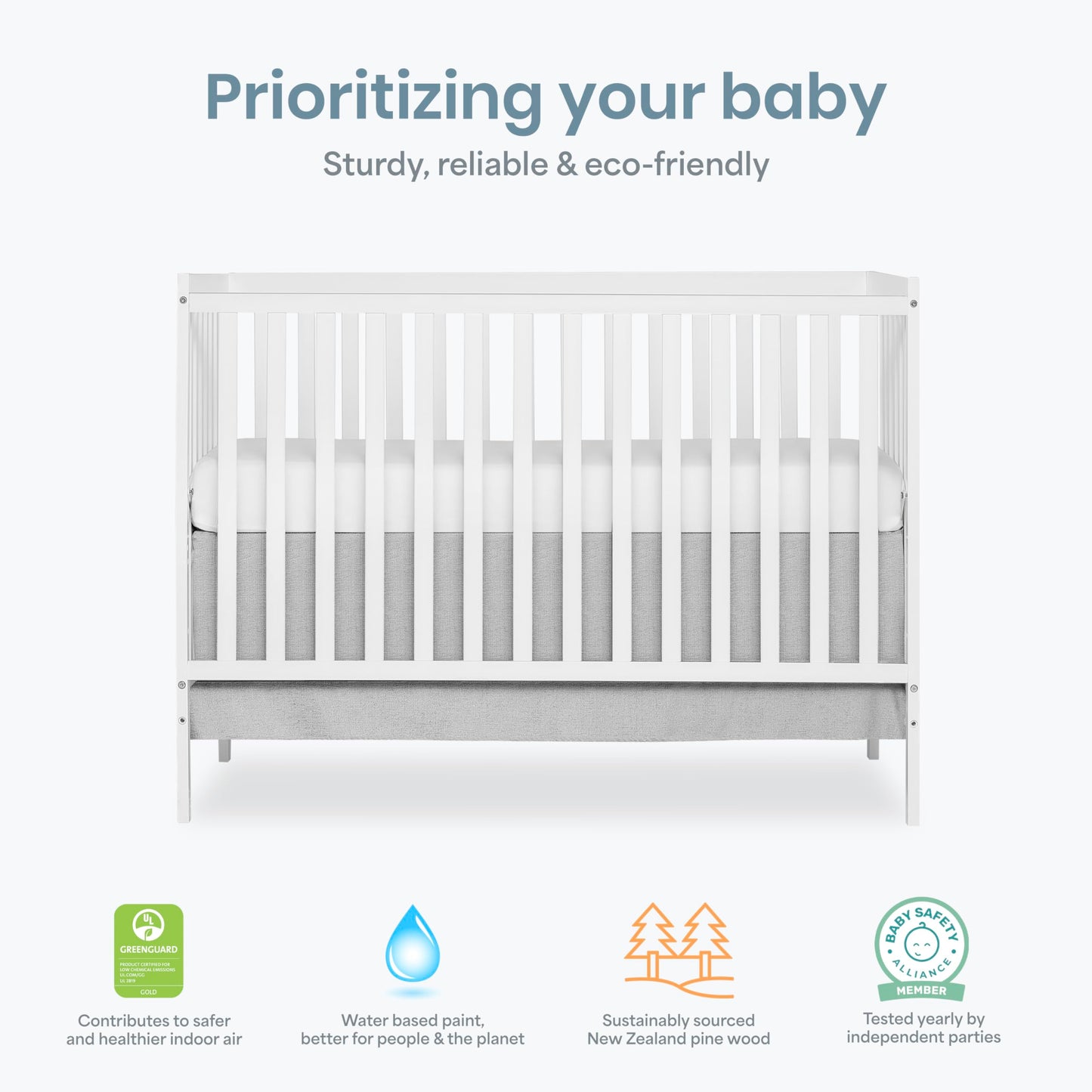 Dream On Me Synergy 5-in-1 Convertible Full-Size Baby Crib with Toddler, Day & Full Bed Conversion in White, GreenGuard Gold & BSA, 3 Mattress Heights, Sustainable Pinewood