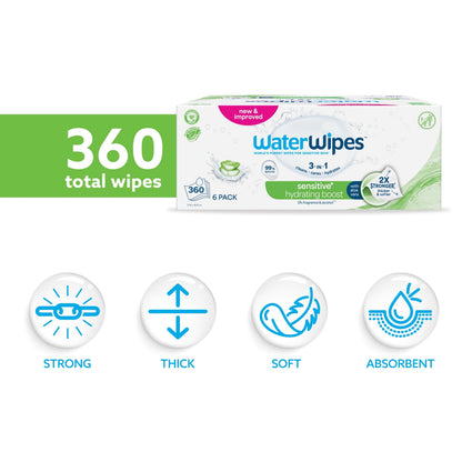 WaterWipes Sensitive+ Hydrating Boost Wipes, 360 Count (6 Packs), 3-In-1 Cleans, Cares, Hydrates, 99% Water with Aloe Vera, Unscented Baby Wipes