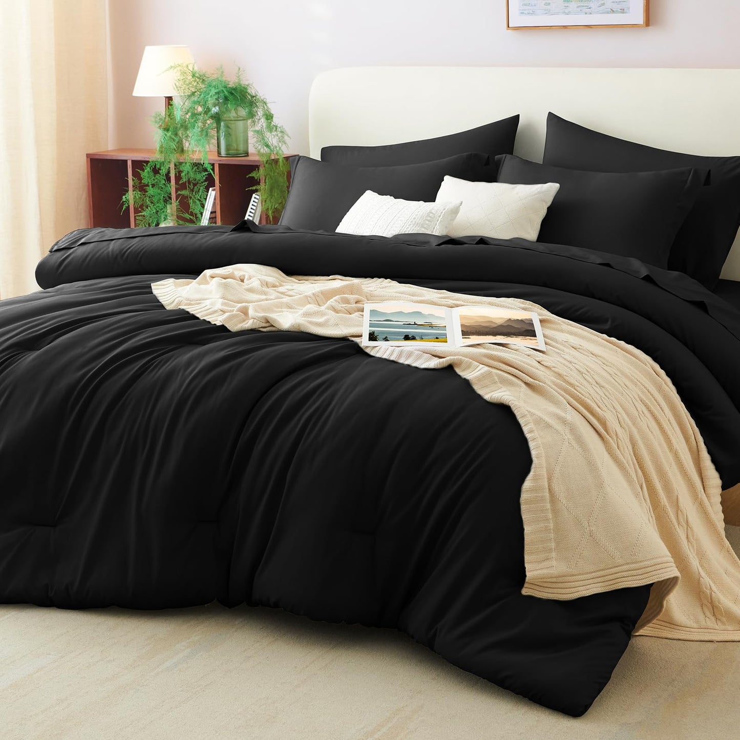 CozyLux King Size Comforter Set Black, 7 Pieces Bed in a Bag King Comforter Set with Sheets, Luxury Soft Bedding Sets with Down Alternative Comforter, Fitted Sheet, Flat Sheet, Pillowcases & Shams