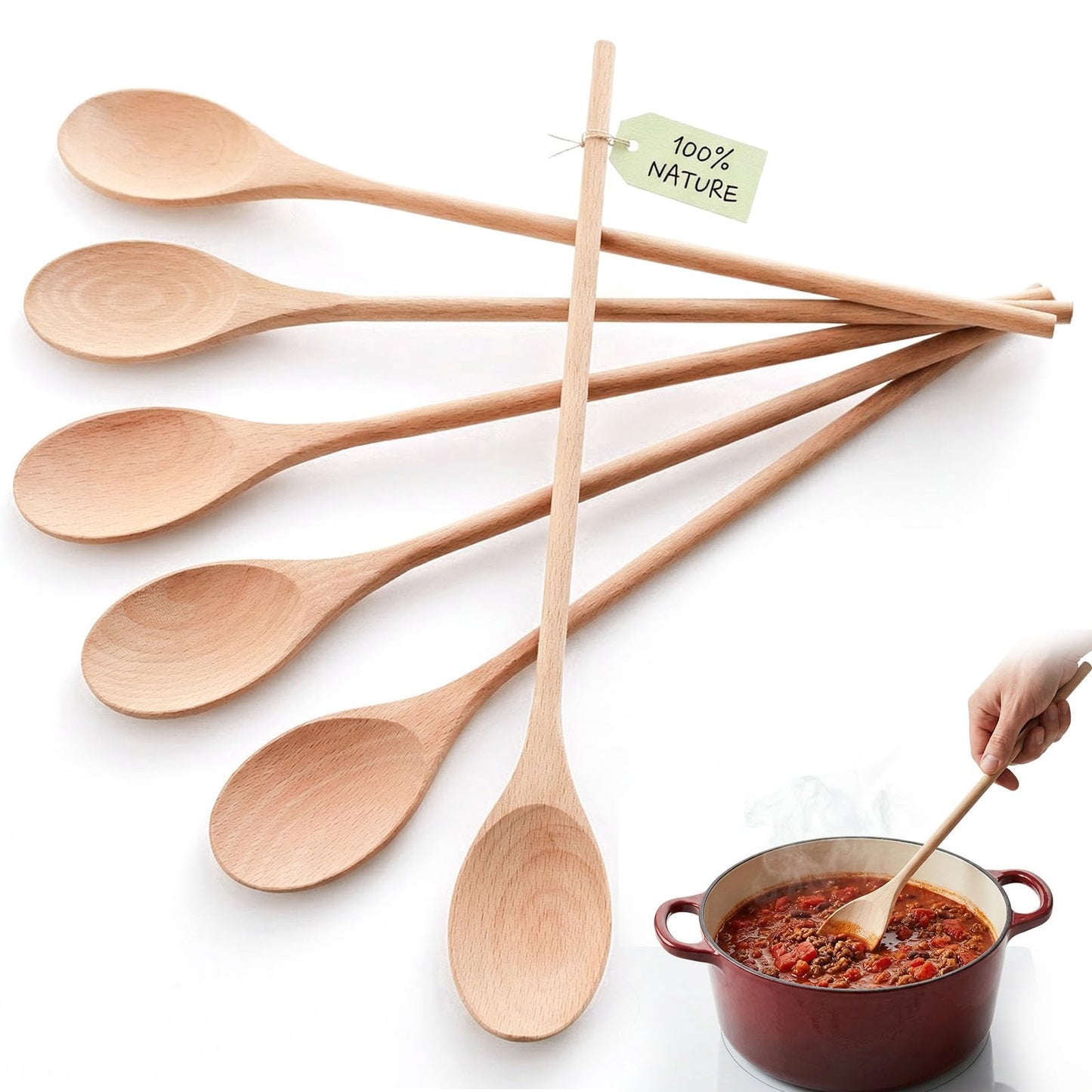 HANSGO 6PCS Wooden Spoons, 14 Inch Long Handle Cooking Spoons for Deep Pots, Wooden Utensil Set for Stirring Soups, Sauces, Stews and DIY Crafts, Sturdy & Lightweight