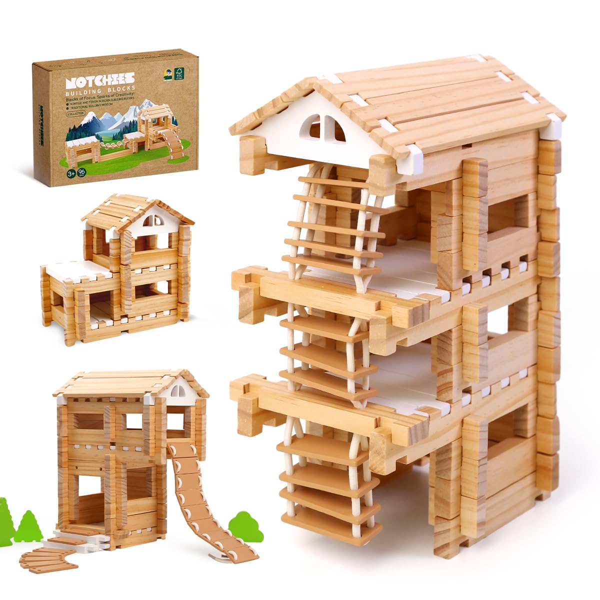 Jovi-mindly＆Notchies 96 PCS Wooden Blocks Wooden Toys with Storage Bag, Preschool Learning Toys Wood Blocks Building for Kids Ages 4-8 Creative Construction Game,FSC Certified,Birthday Toys Gifts