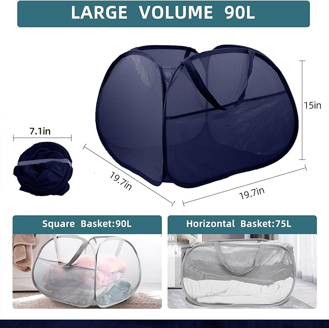 2 Pack Collapsible Foldable Laundry Baskets, 90L Large Durable Mesh Pop Up
