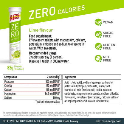 Dextro Energy Zero Calories I Recovery and Hydration Electrolyte Drink I Zero Effervescent Tablets I Lime | 3 Tubes, 60 Tablets |