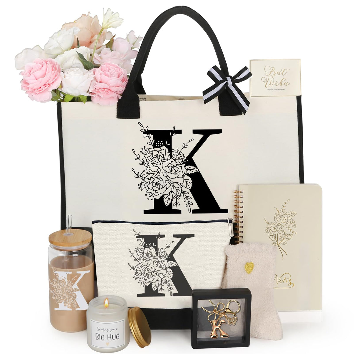 GooBird Monogrammed Personalized Gifts for Women – Initial Tote Bag Gift Set for Her, Mom, Teacher, Sister & Friend, Birthday, Thank You & Appreciation Gifts (Letter K)