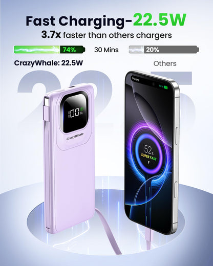 Portable Charger with Built-in Cables,22.5W Super Fast Charging Power Bank Slim Phone Charger,10000mAh Travel Battery Pack Battery Bank with Smart LED Display for iPhone, Android & USB-C Devices