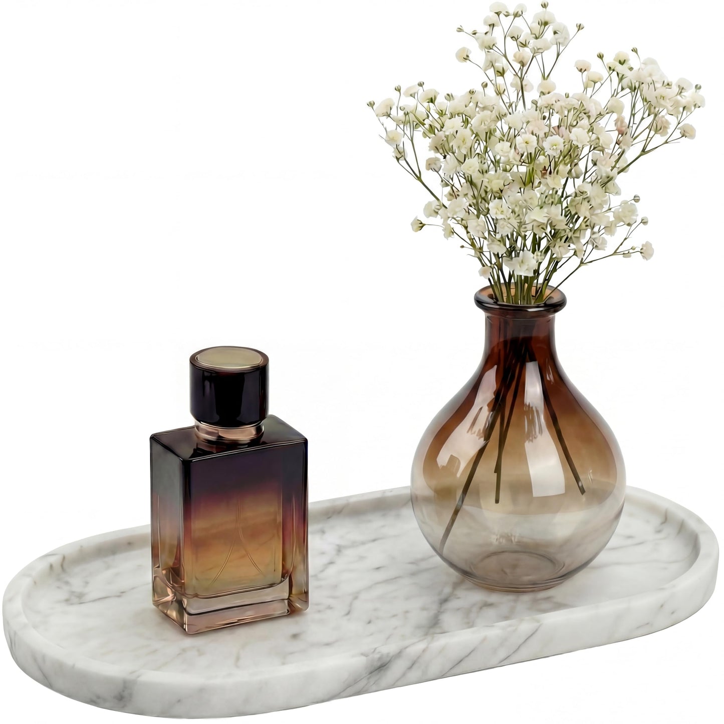 YKAJO Oval Real Marble Tray for Bathroom Kitchen Counter Stone Decorative Vanity Tray for Dresser Perfume Heavy Catchall Organizer for Soap Jewelry (Carrara White, 11.8" x 5.9")