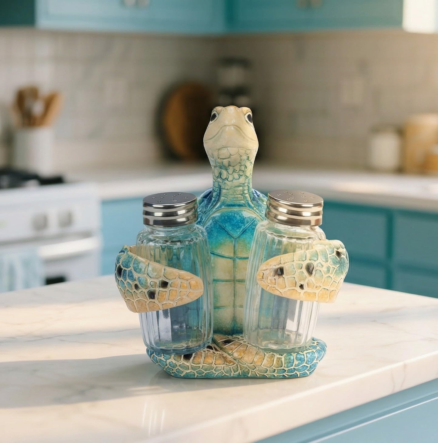 Decorative Blue Sea Turtle Salt and Pepper Shaker Holder, Coastal Kitchen Decor (Blueturtle)