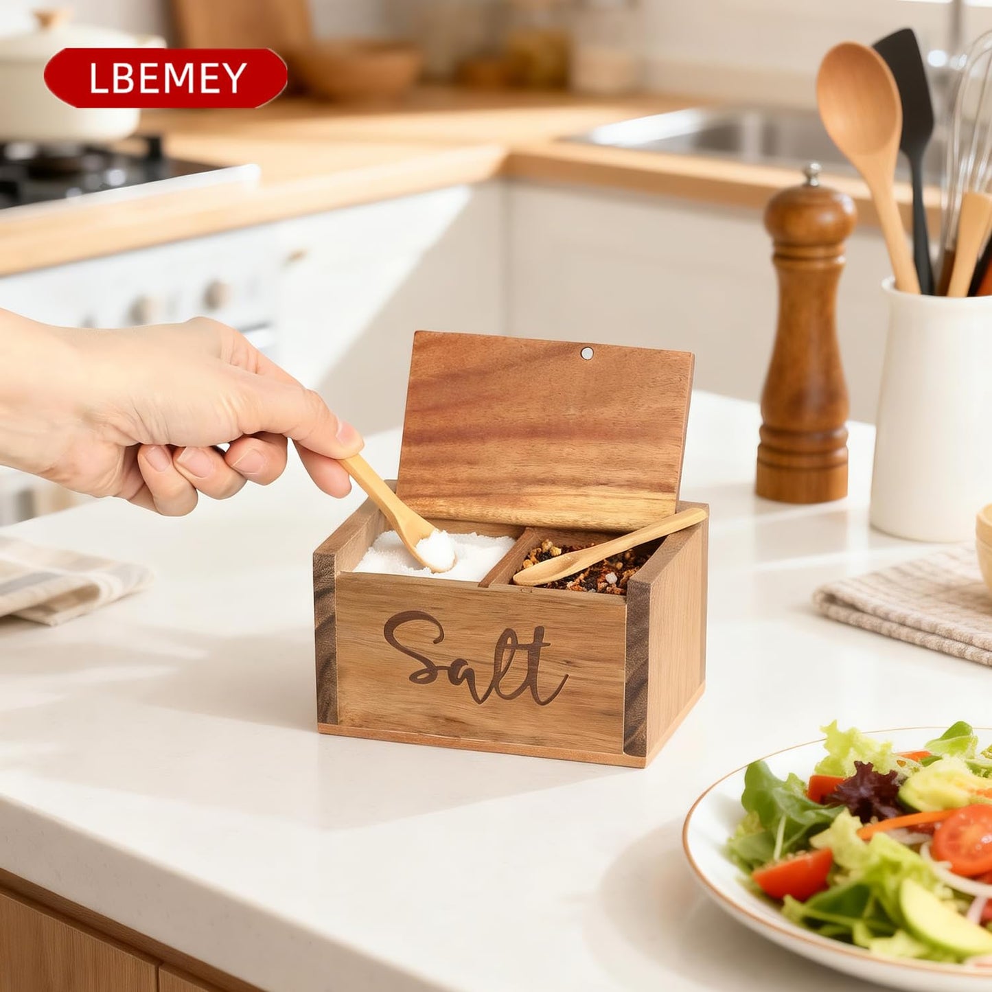 Acacia Wood Spice Box with Lid and Built-in Spoon for Kitchen Countertop, Rectangle Farmhouse Kitchen Decoror for Storing Salt, Peppers, Sugar or Seasonings, Brown (Labeled - “Salt”)