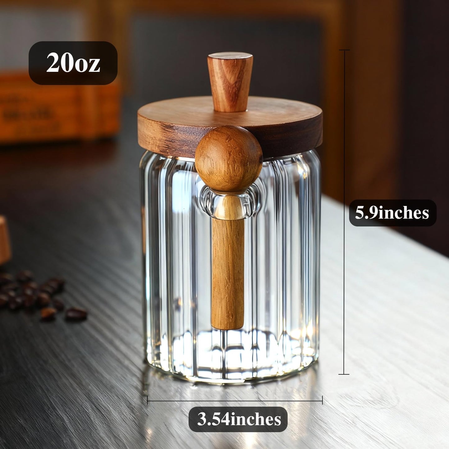 TIWPAJS Coffee Canister, Coffee Container with Wooden Spoon and Lid, Ribbed Design, Airtight Storage Jar for Coffee Beans/Coffee Grounds/Sugar/Salt/Loose Leaf Tea, 20 Oz