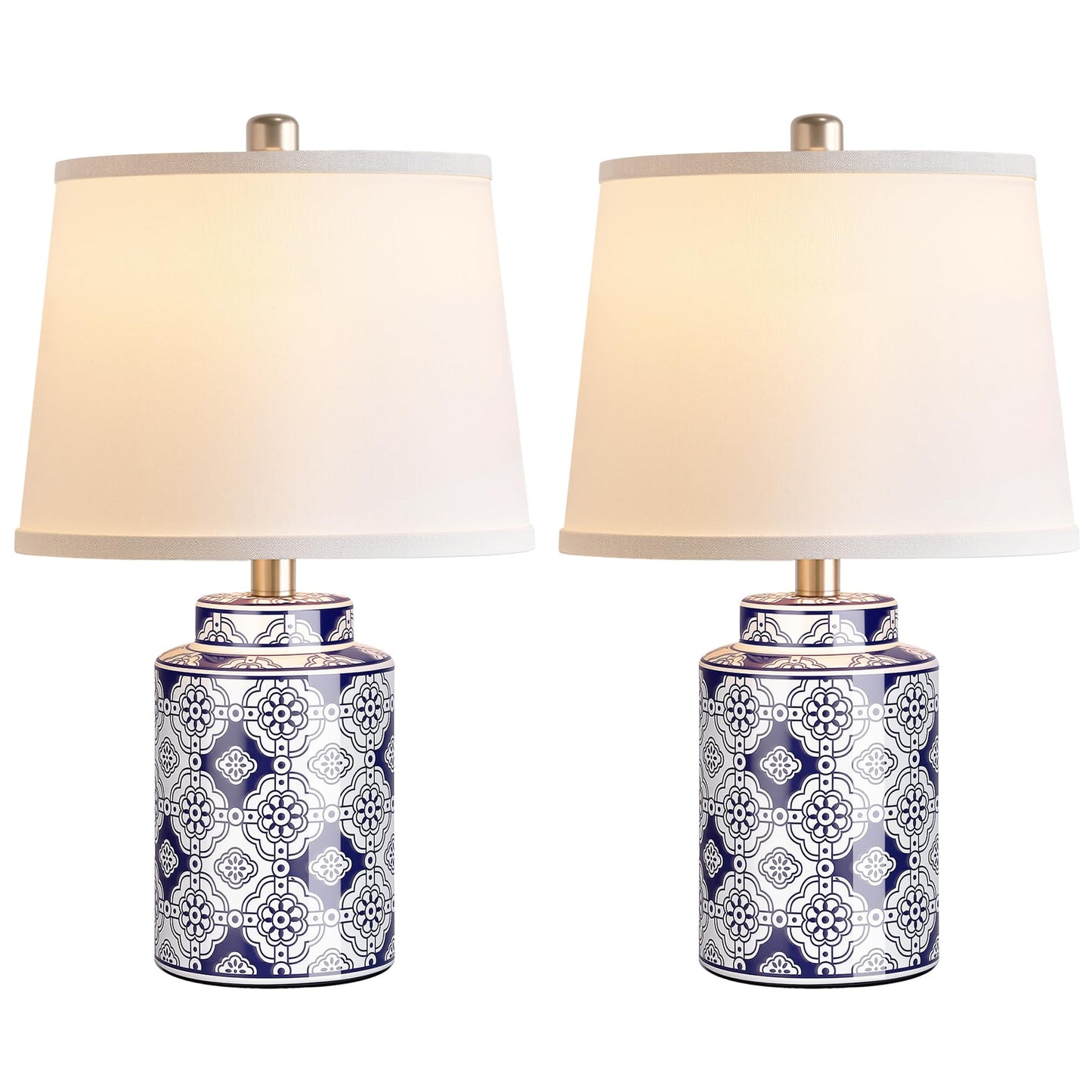 Qimh Chinoiserie Ceramic Table Lamps for Living Room, Small Bedside Lamps Set of 2 with Linen Lampshade, Modern Traditional Blue and White Lamp for Bedroom Office Nightstand Home Decor(Bulbs Included)