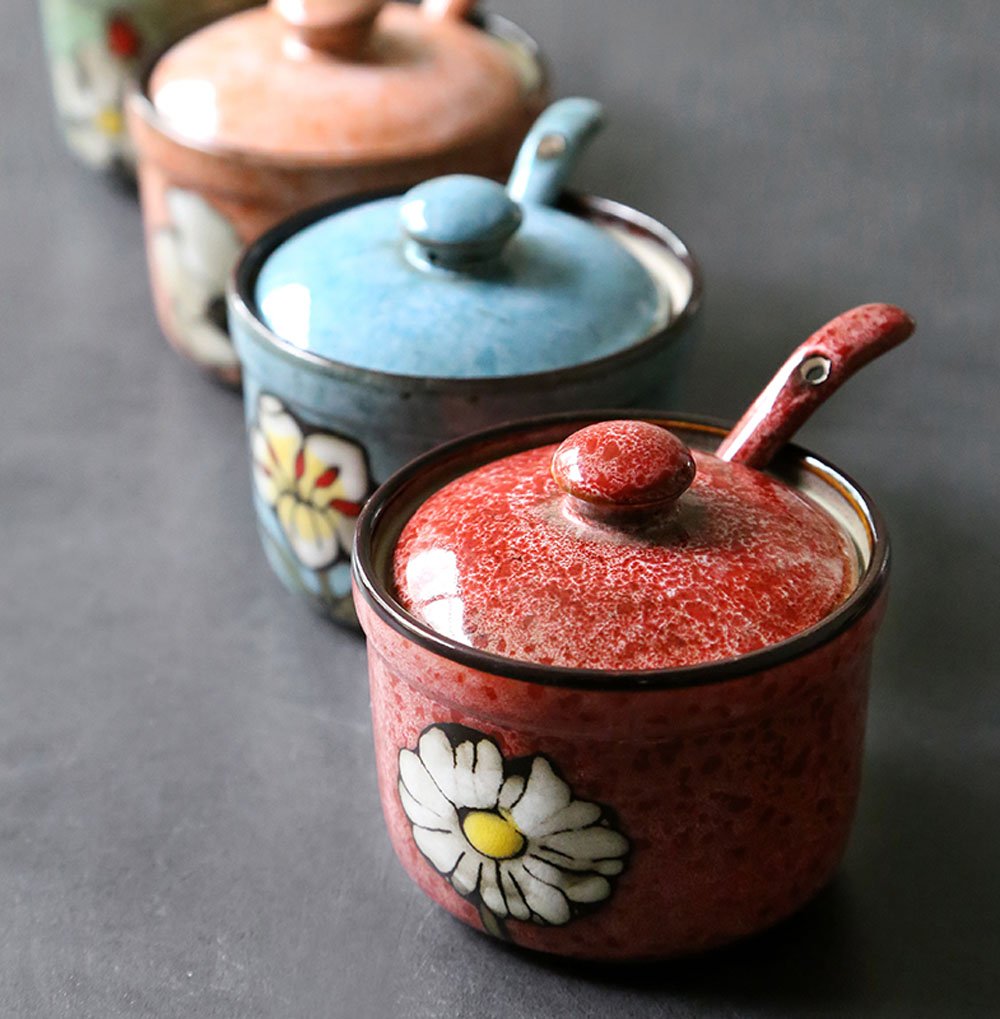 Ceramic Retro Flower Sugar Bowl Seasoning Pot with Lid And Spoon