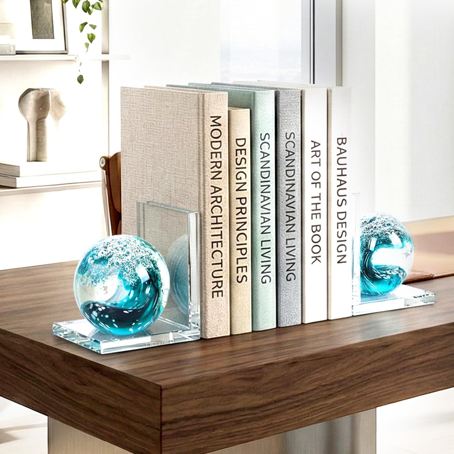 Glass Book Ends Set of 2, L-Shaped Bookends with Sea Wave Ball Design – Non Skid Heavy Duty Decorative Book Stopper for Shelves, Desk, and Home Office
