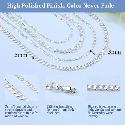 Suplight 925 Sterling Silver Cuban Chains Necklace for Men 5mm Flat Solid Mens Necklaces 20 Inch Men's Silver Chain Gift for Son Husband Father