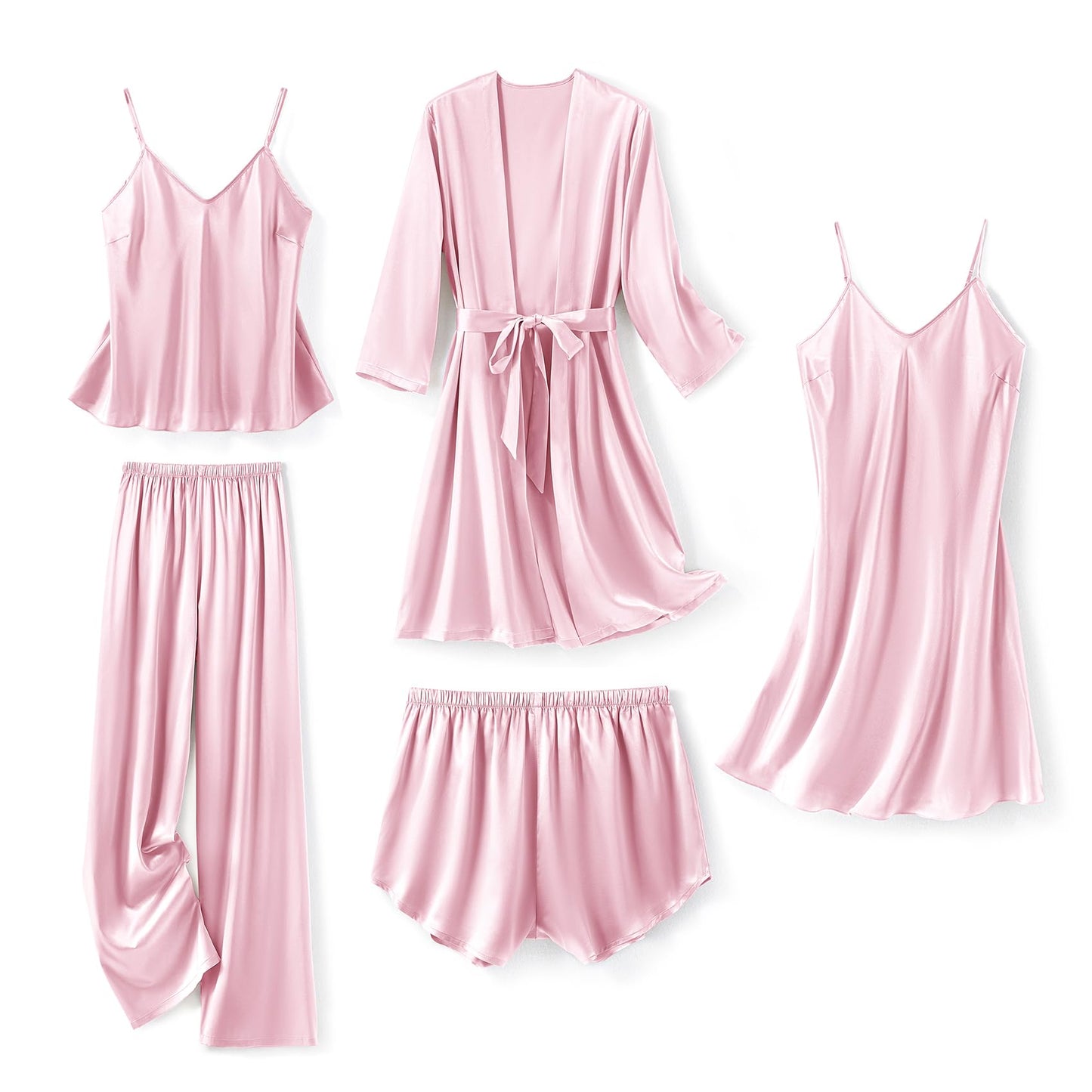 SAPJON Silk Pajamas for Women 5Pcs Sleepwear Loungewear Satin Robe Cami Shorts Pj Set Pink
