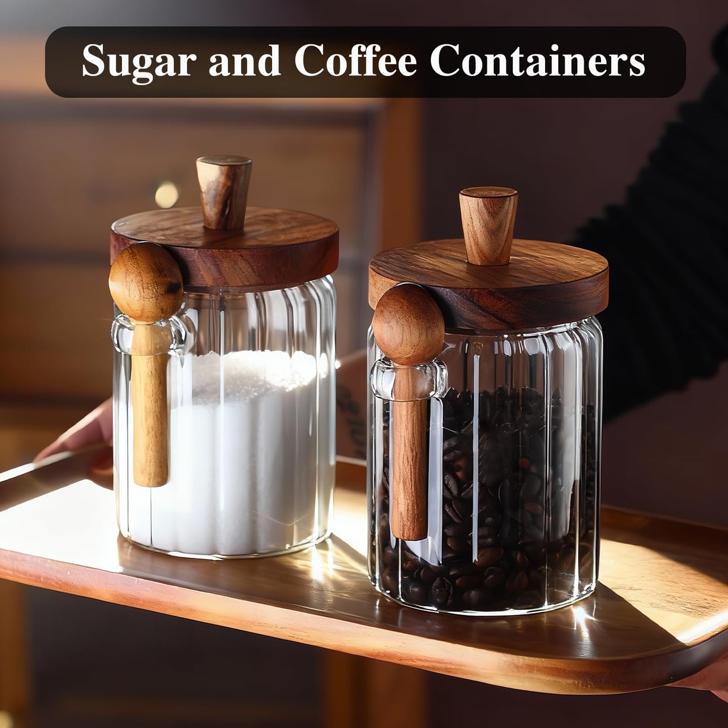 TIWPAJS Coffee Canister, Coffee Container with Wooden Spoon and Lid, Ribbed Design, Airtight Storage Jar for Coffee Beans/Coffee Grounds/Sugar/Salt/Loose Leaf Tea, 20 Oz