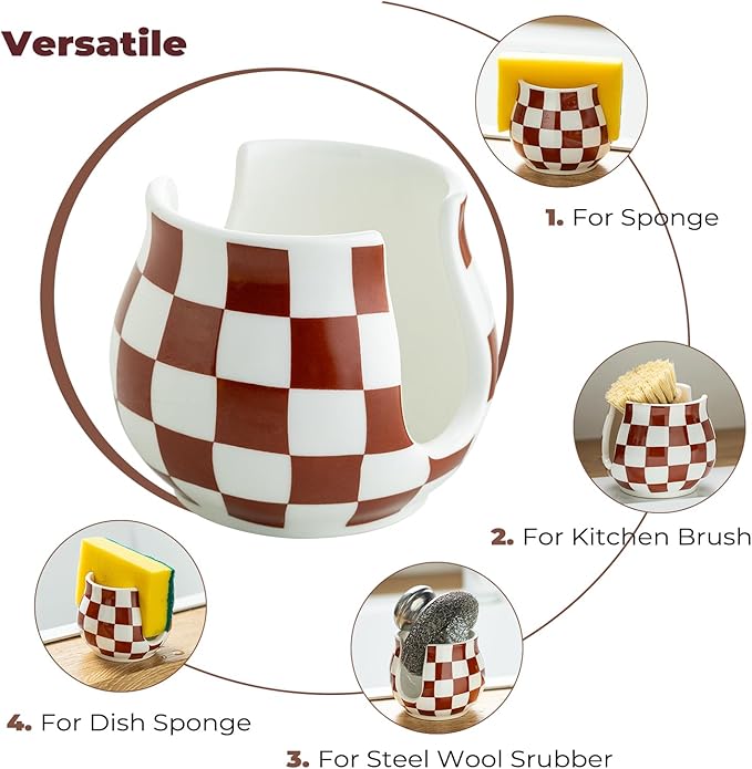 Checkered Sponge Holder for Kitchen Sink Counter, Ceramic Dish Sponge Caddy