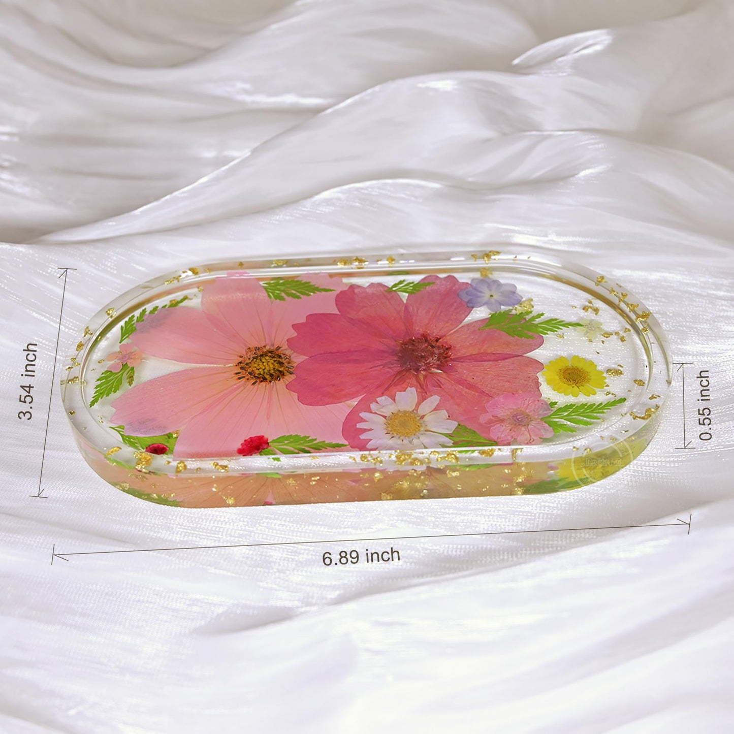 Britrio Pressed Flower Resin Jewelry Tray Decorative Vanity Trinket Dish for Women Rings Earrings Necklaces Keys Makeup Desk Organizer Holder Plate Home Decor Gift 6.93''x3.62''