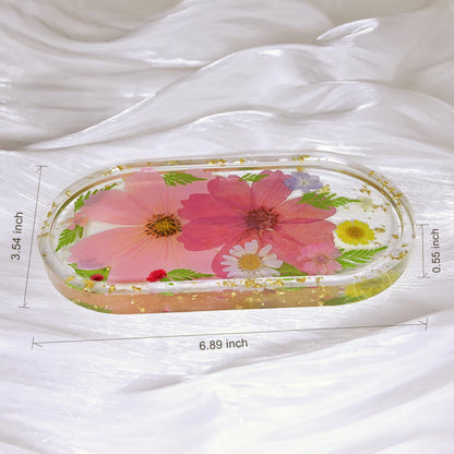 Britrio Pressed Flower Resin Jewelry Tray Decorative Vanity Trinket Dish for Women Rings Earrings Necklaces Keys Makeup Desk Organizer Holder Plate Home Decor Gift 6.93''x3.62''
