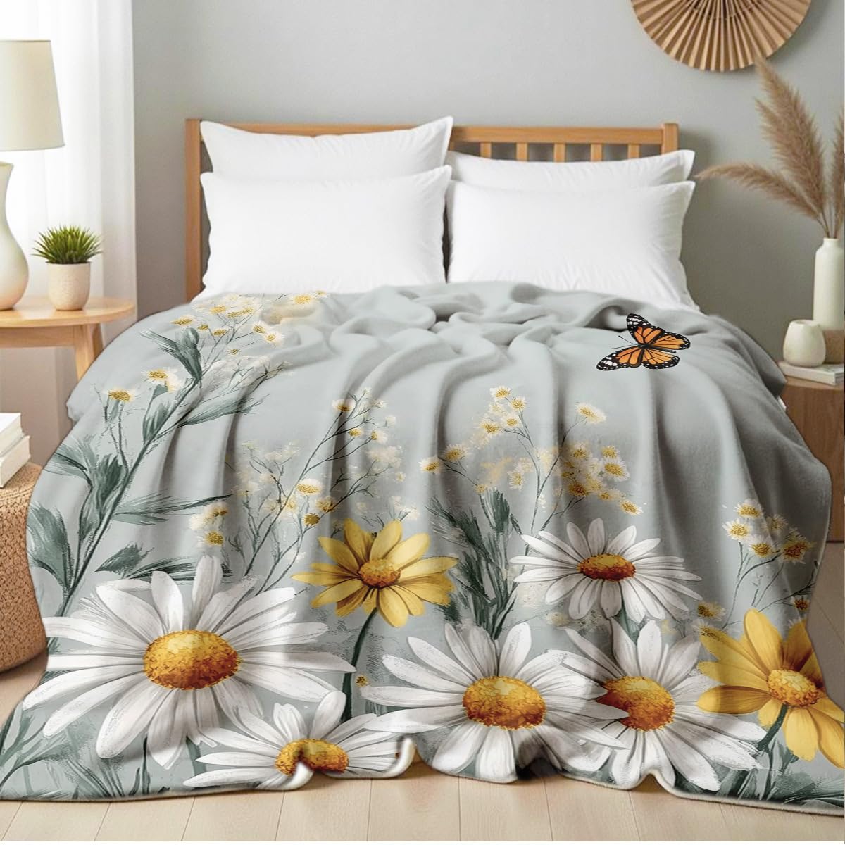 HUNXIAOJ Printed Bed Throw Blanket Butterfly and Daisy Flower Soft Flannel Blanket for Couch Bed Floral Throw for Living Room Office Home Decor (49"x59")