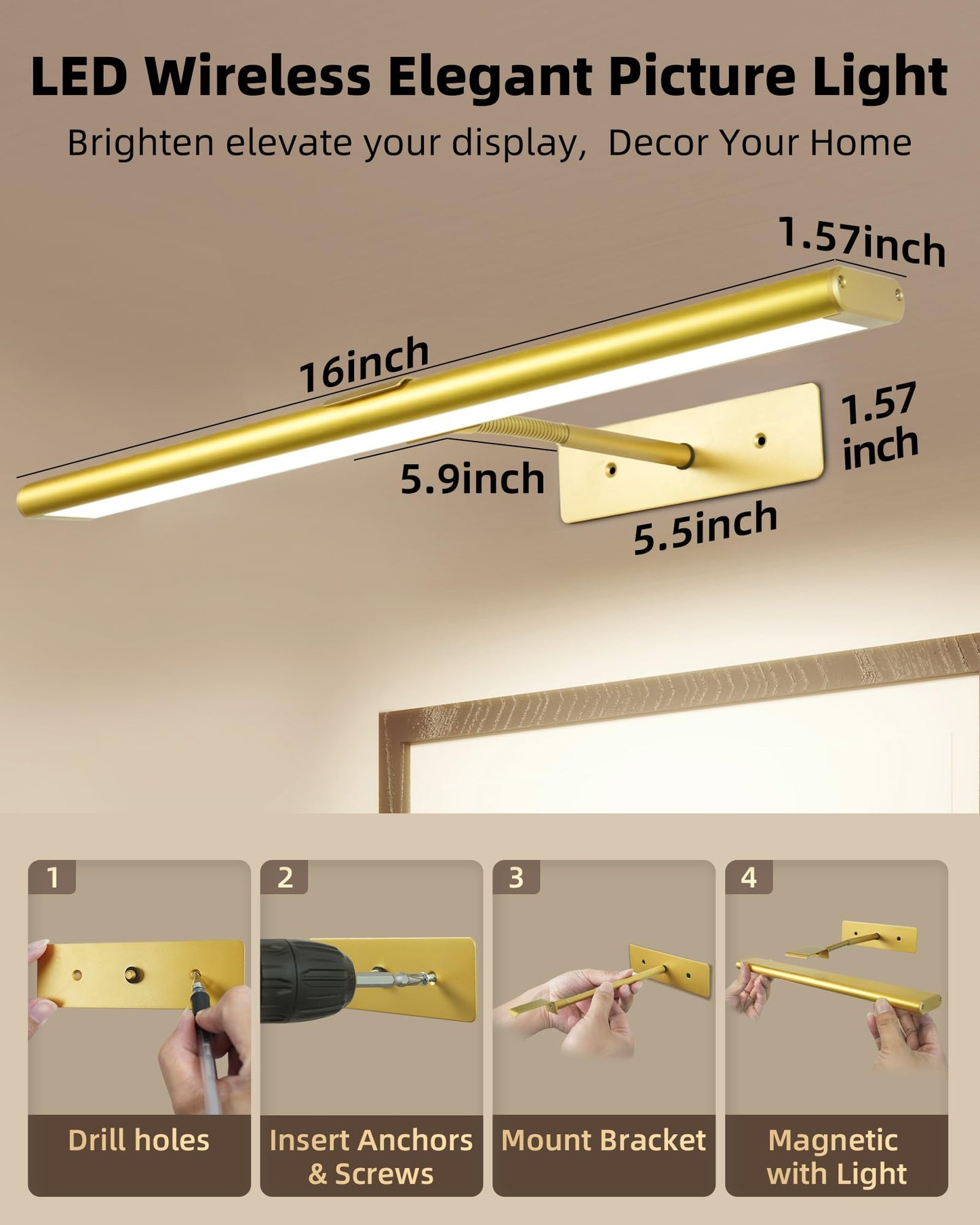 EZVALO Picture Light for Wall, 4800mAh Rechargeable Wireless Remote, Dimmable Magnetic LED Art Display Light with 3 Color Temperatures, for Gallery, Living Room, Bedroom, Hallway (Gold-2Pack)