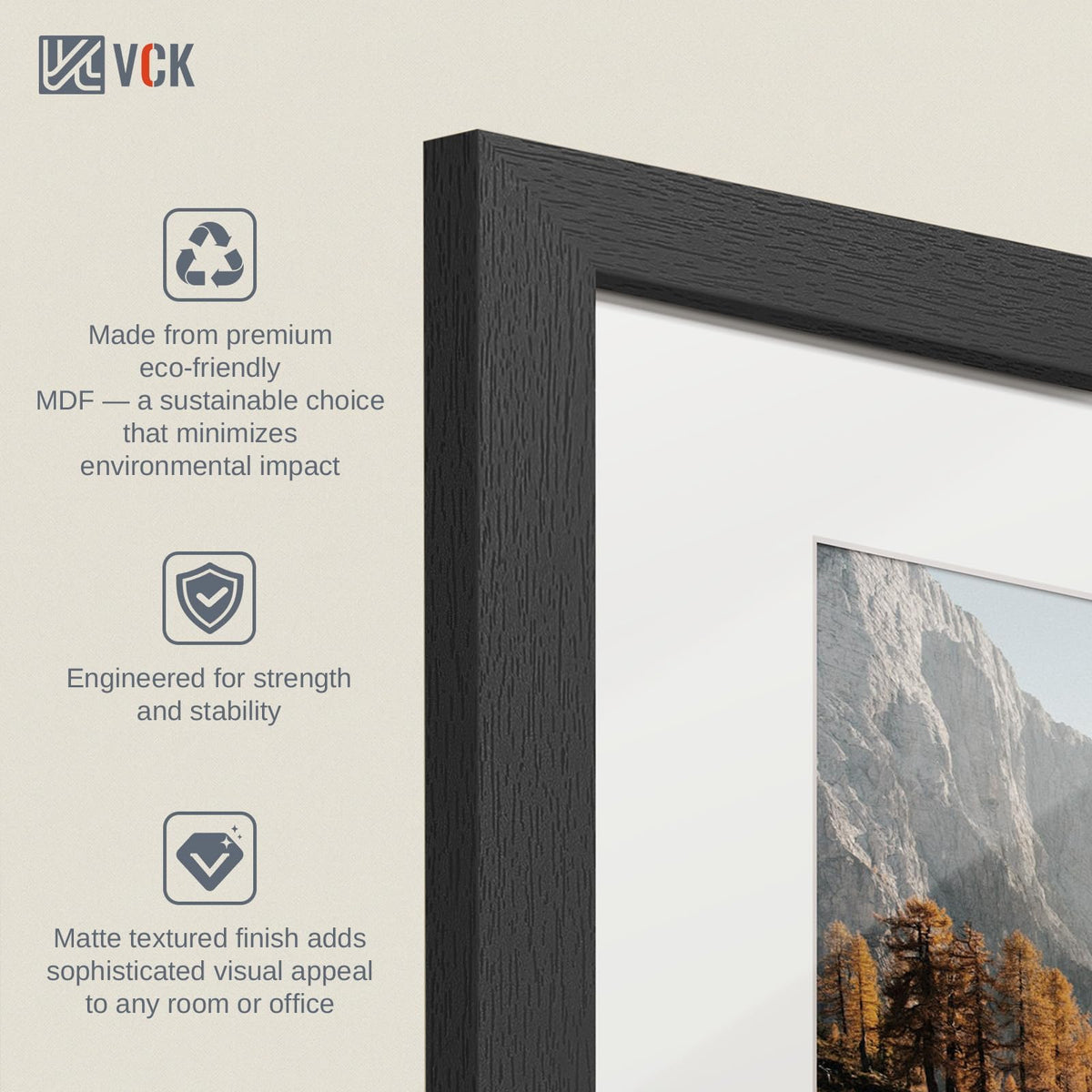 VCK 5x7 Picture Frame Black - 5 Pack, with Tempered Glass, Displays 4x6 Photo with Mat or 5 x 7 Without, for Horizontal/Vertical Tabletop & Wall Hanging in Home, Office, or Gallery